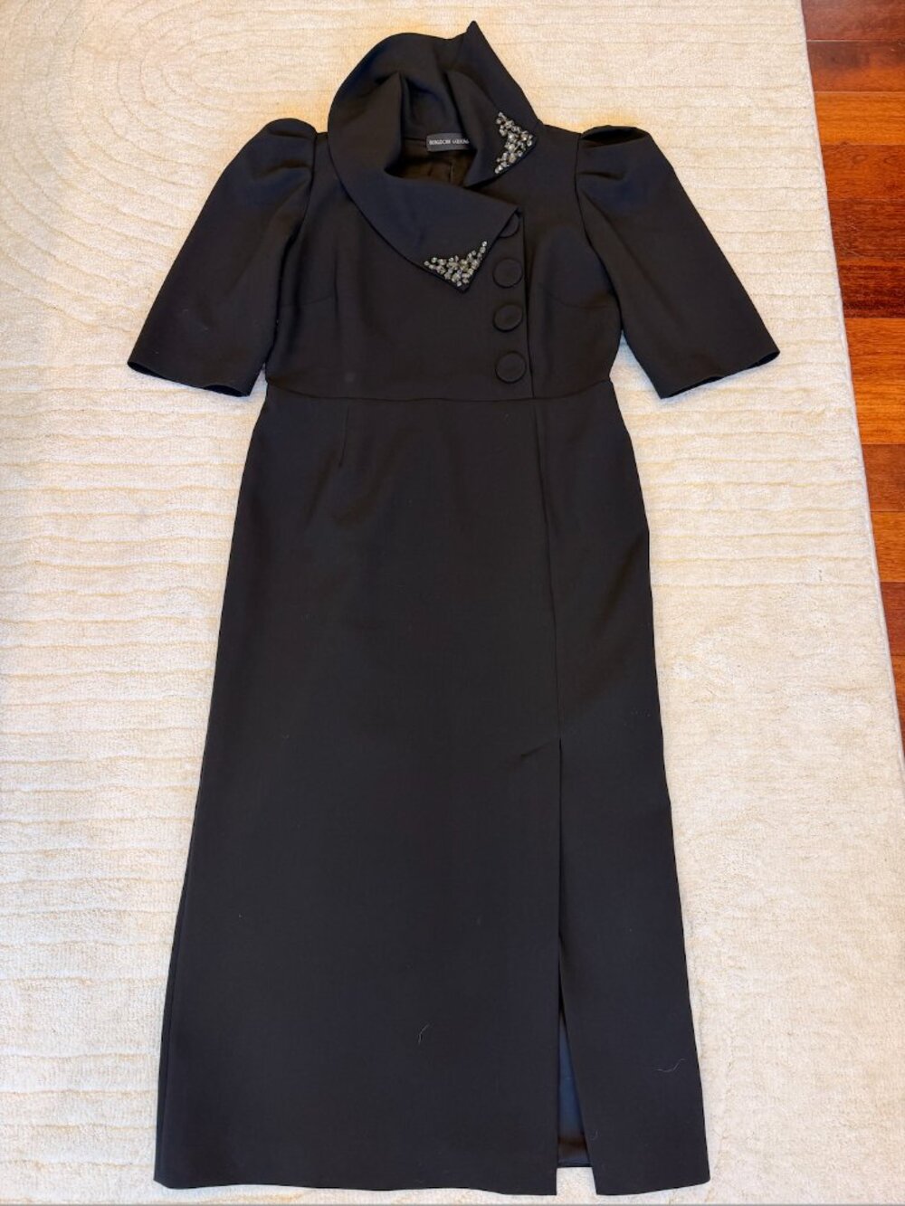 Bergdorf Goodman Black Embellished Collar Midi Dress | Puff Sleeves | Elegant Co